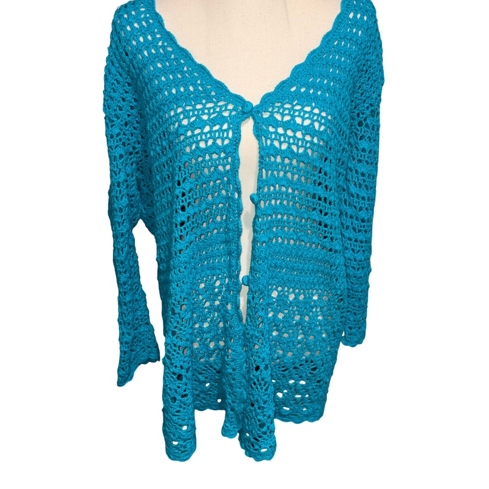 Vintage 90s Boho Liz Claiborne Crochet Cardigan Womens 2X Turquoise Blue